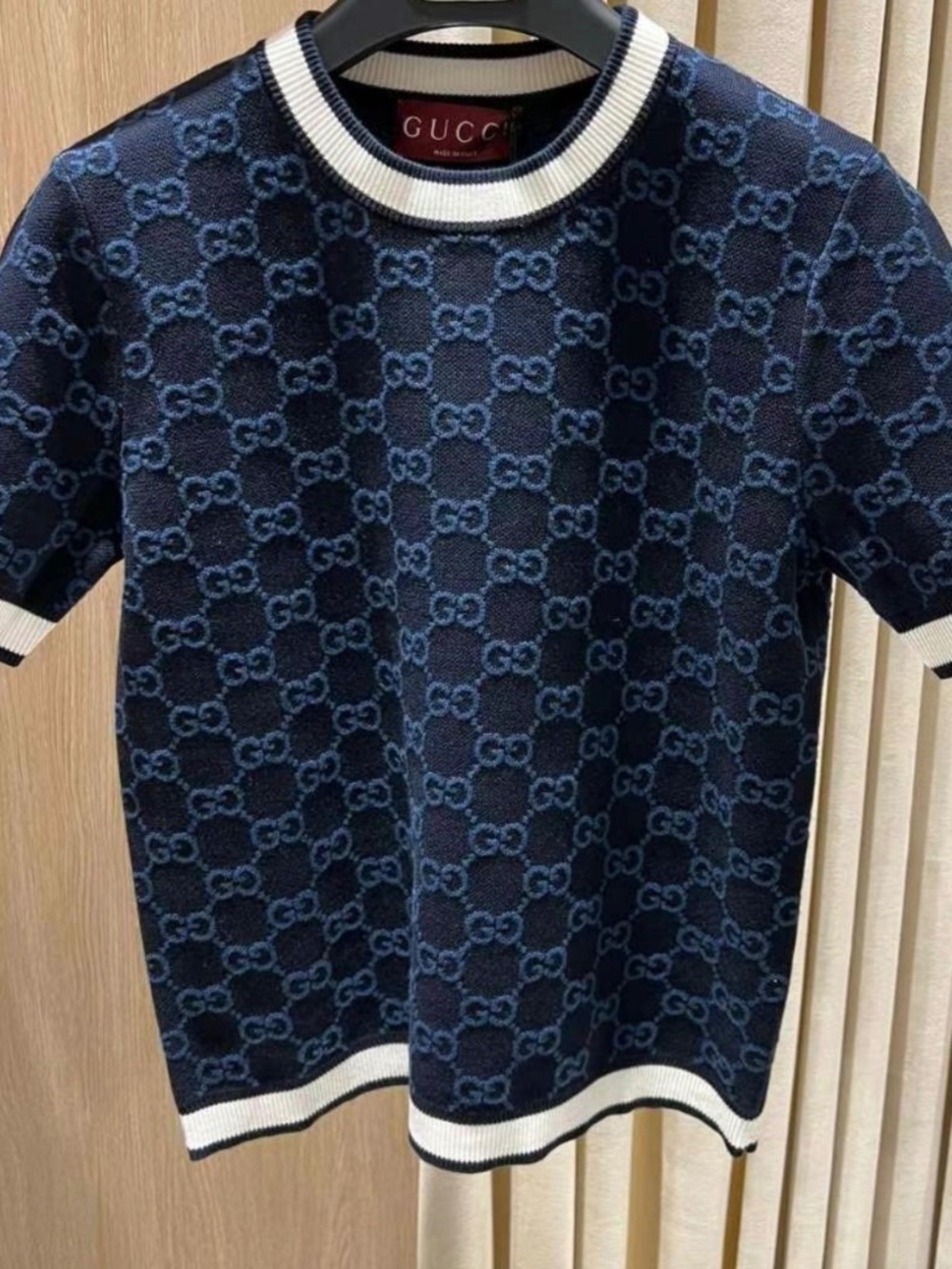 New Gucci 2025 GG Logo Monogram Fine Cotton Jacquard Top in Navy Medium